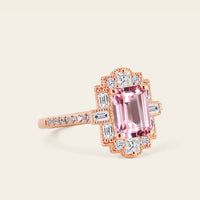 Art Deco Emerald Cut Pink Padparadscha Engagement Ring