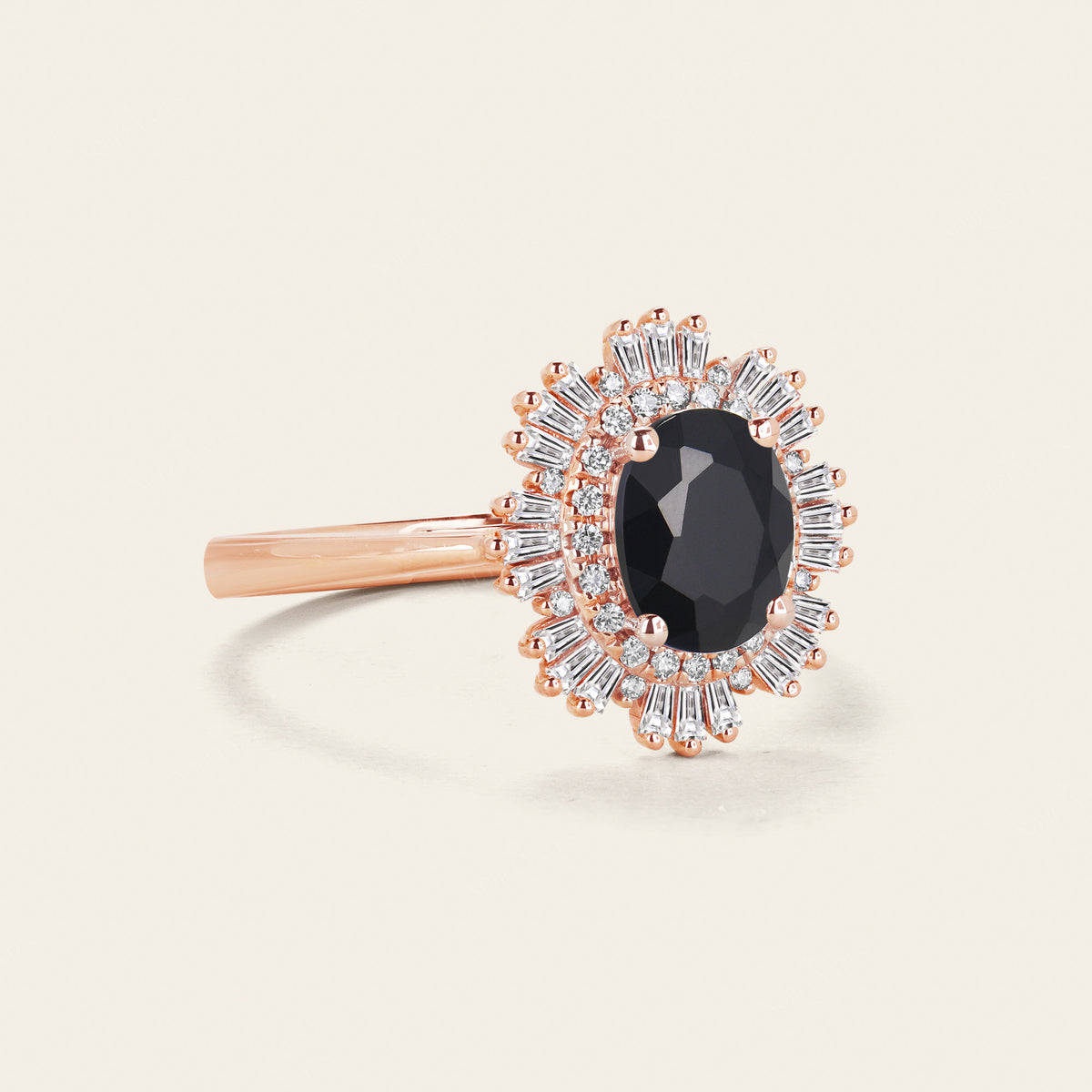 Art Deco Oval Black Onyx Engagement Ring Unique Baguette Double Halo