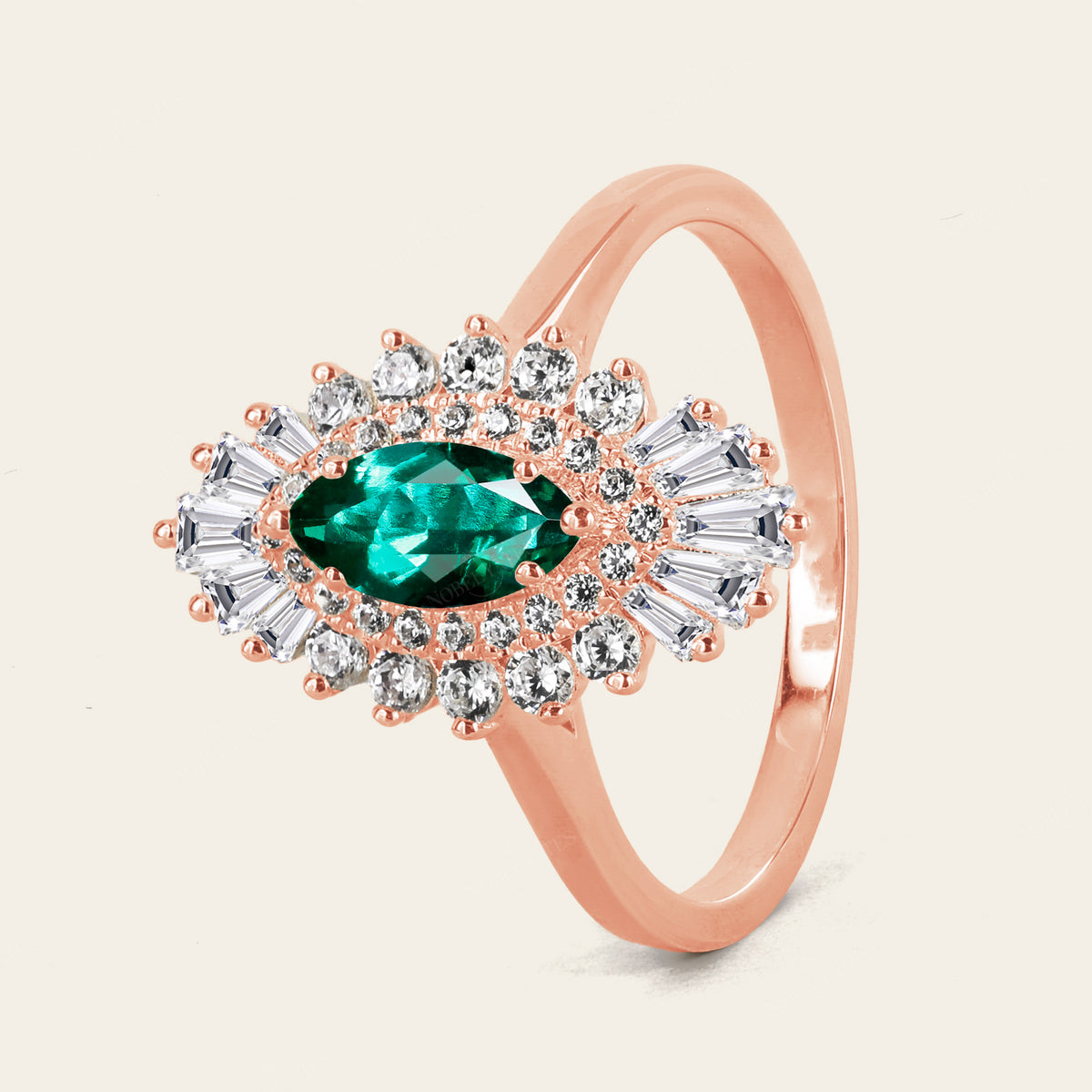 Marquise Cut Lab Emerald Unique Double Halo Art Deco Engagement Ring