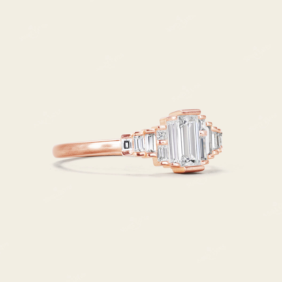 Art Deco Baguette Cubic Zircon Cluster Engagement Ring Rose Gold