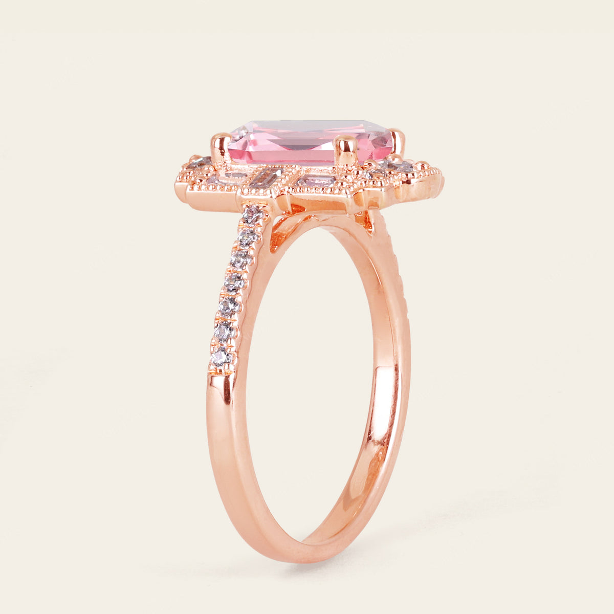 Emerald Cut Vintage Art Deco Pink Padparadscha Engagement Ring Rose Gold