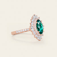 Art deco Marquise Lab Emerald Halo Engagement Ring