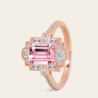 Art Deco Emerald Cut Pink Padparadscha Engagement Ring