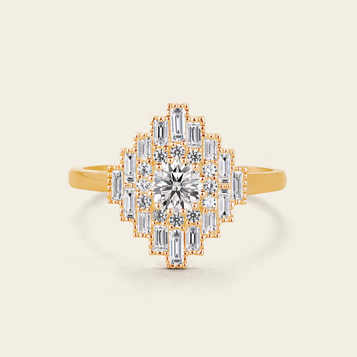 Art Deco Lab Diamond Baguette Halo Mosaic Ring