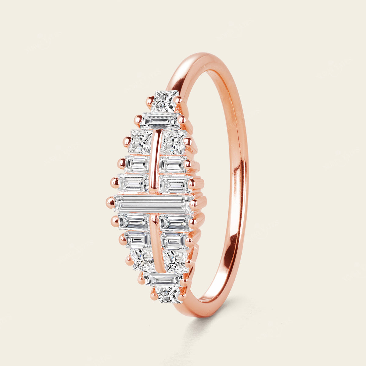 Art Deco Baguette Shape CZ Rose Gold Cluster Wedding Band