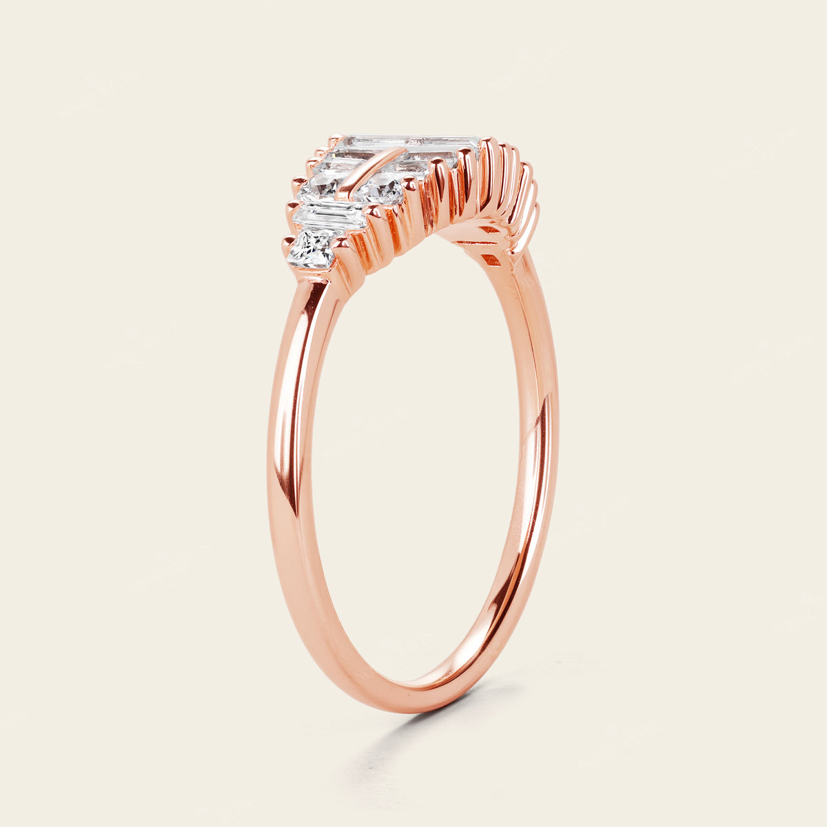 Art Deco Baguette Shape CZ Rose Gold Cluster Wedding Band