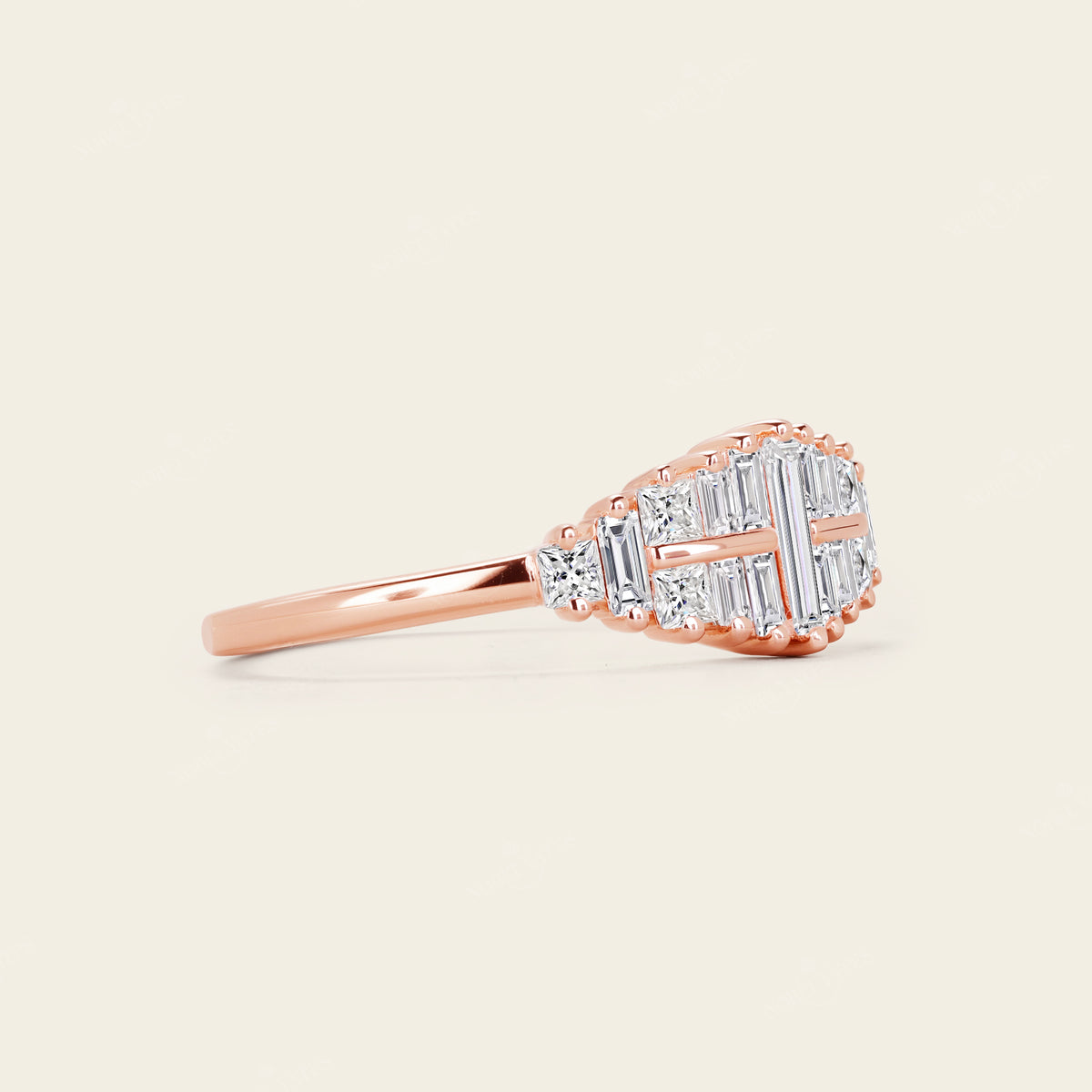 Art Deco Baguette Shape CZ Rose Gold Cluster Wedding Band