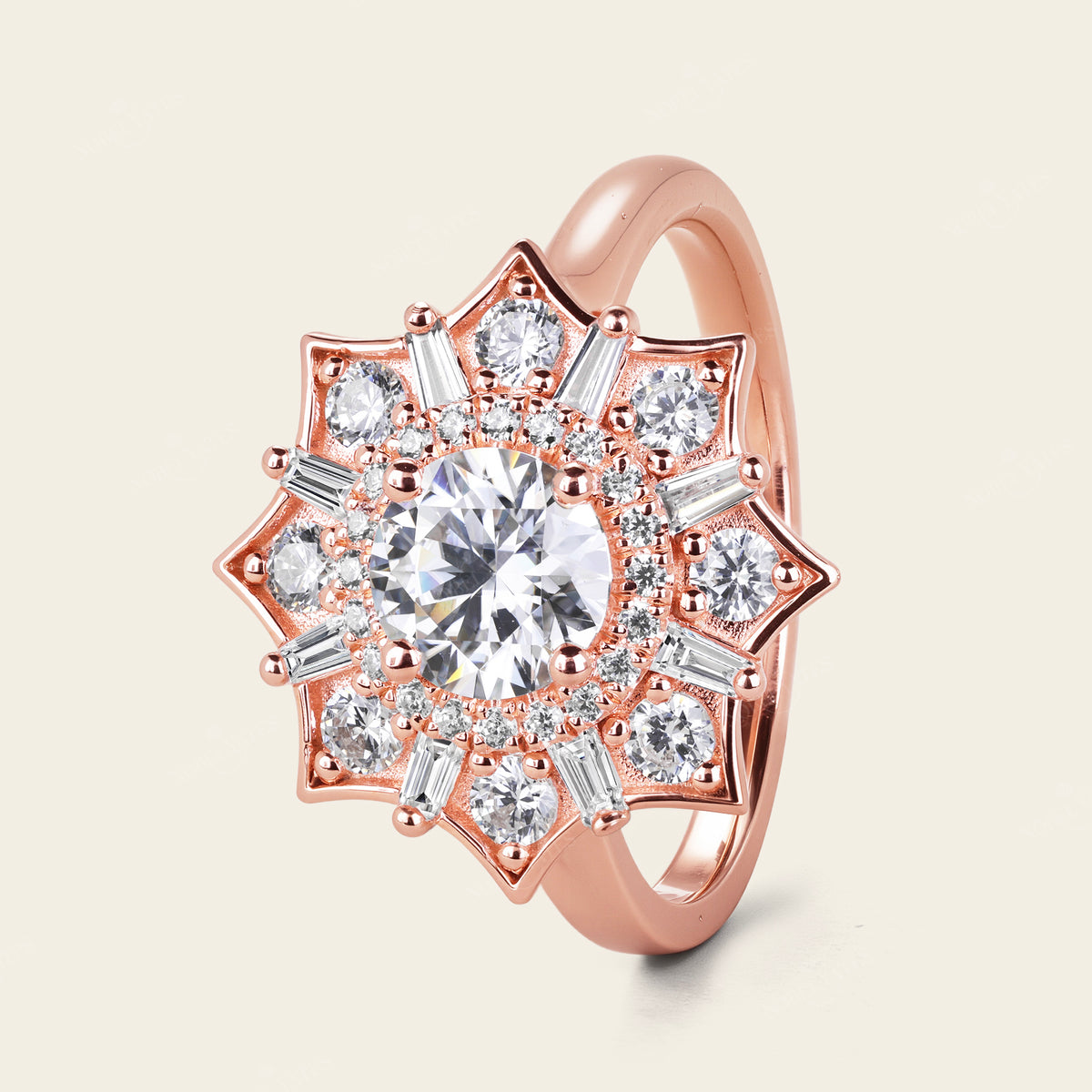 Art Deco Round Moissanite Rose Gold Halo Floral Engagement Ring