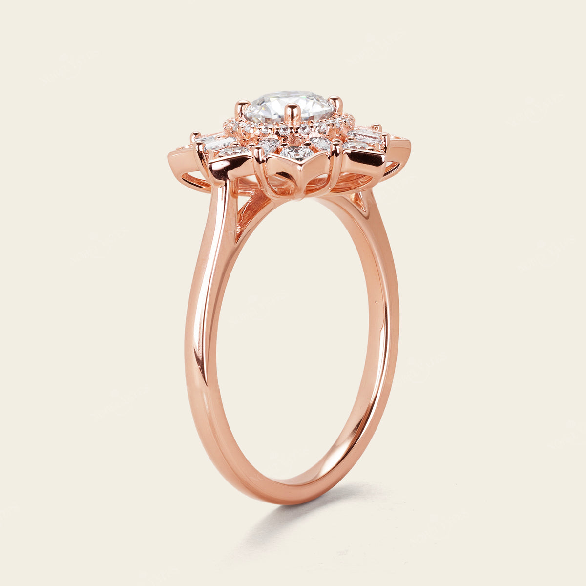 Art Deco Round Moissanite Rose Gold Halo Floral Engagement Ring