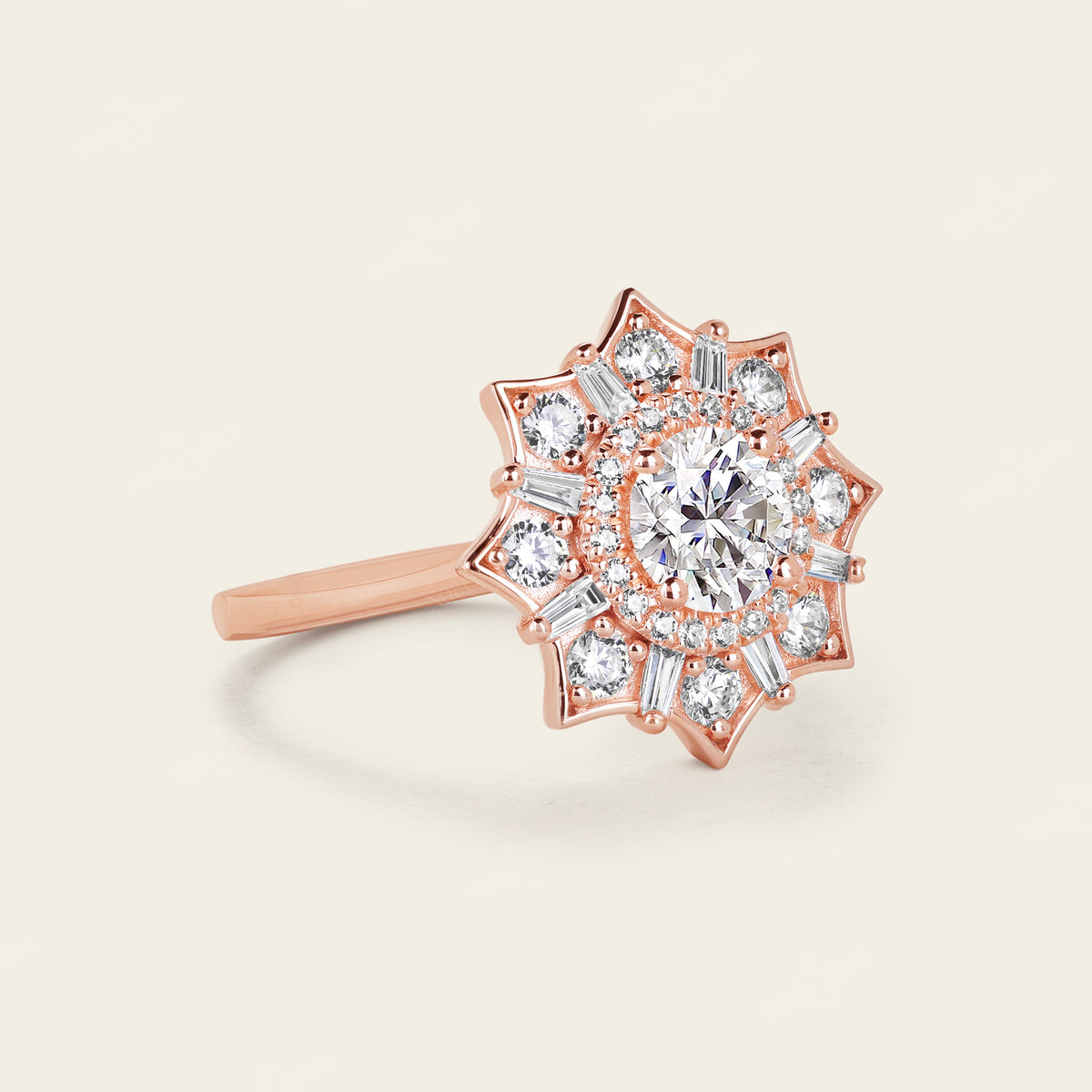 Art Deco Round Moissanite Rose Gold Halo Floral Engagement Ring