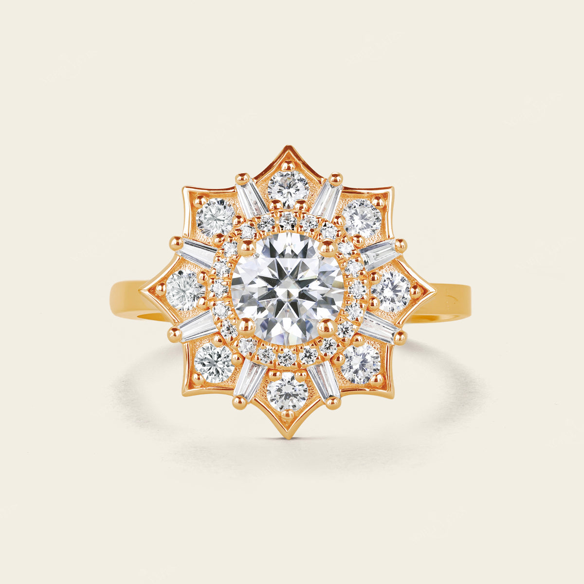 Art Deco Round Moissanite Rose Gold Halo Floral Engagement Ring