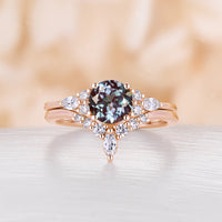 Round Lab Alexandrite Engagement Ring Set Rose Gold Cluster Side Stone Ring