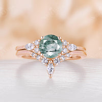 Round Moss Agate Engagement Ring Set Rose Gold Cluster Moissanite Ring
