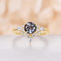 Round Lab Alexandrite Engagement Ring Set Rose Gold Cluster Side Stone Ring