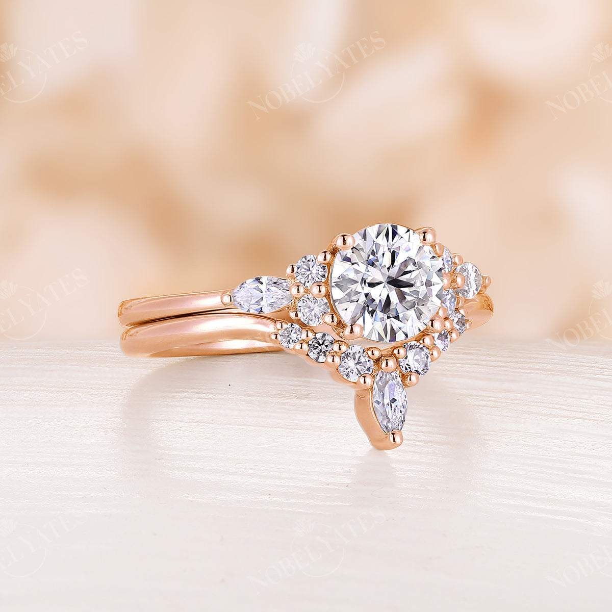 Vintage Round Moissanite Rose Gold Cluster Engagement Ring Set