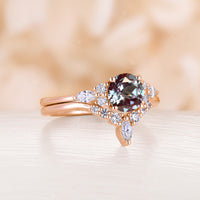 Round Lab Alexandrite Engagement Ring Set Rose Gold Cluster Side Stone Ring