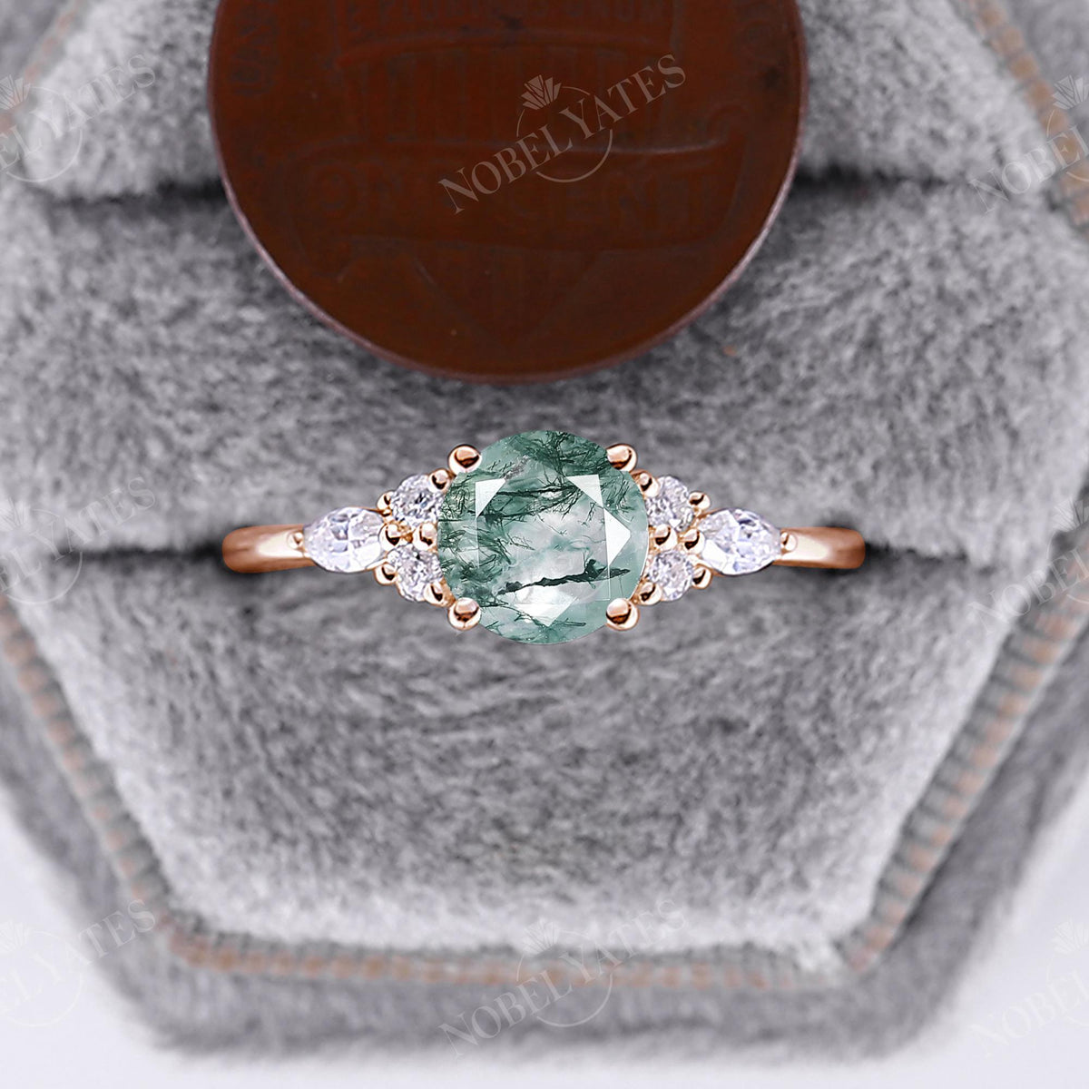 Vintage Round Moss Agate Rose Gold Cluster Engagement Ring