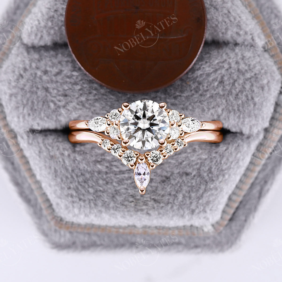Vintage Round Moissanite Rose Gold Cluster Engagement Ring Set