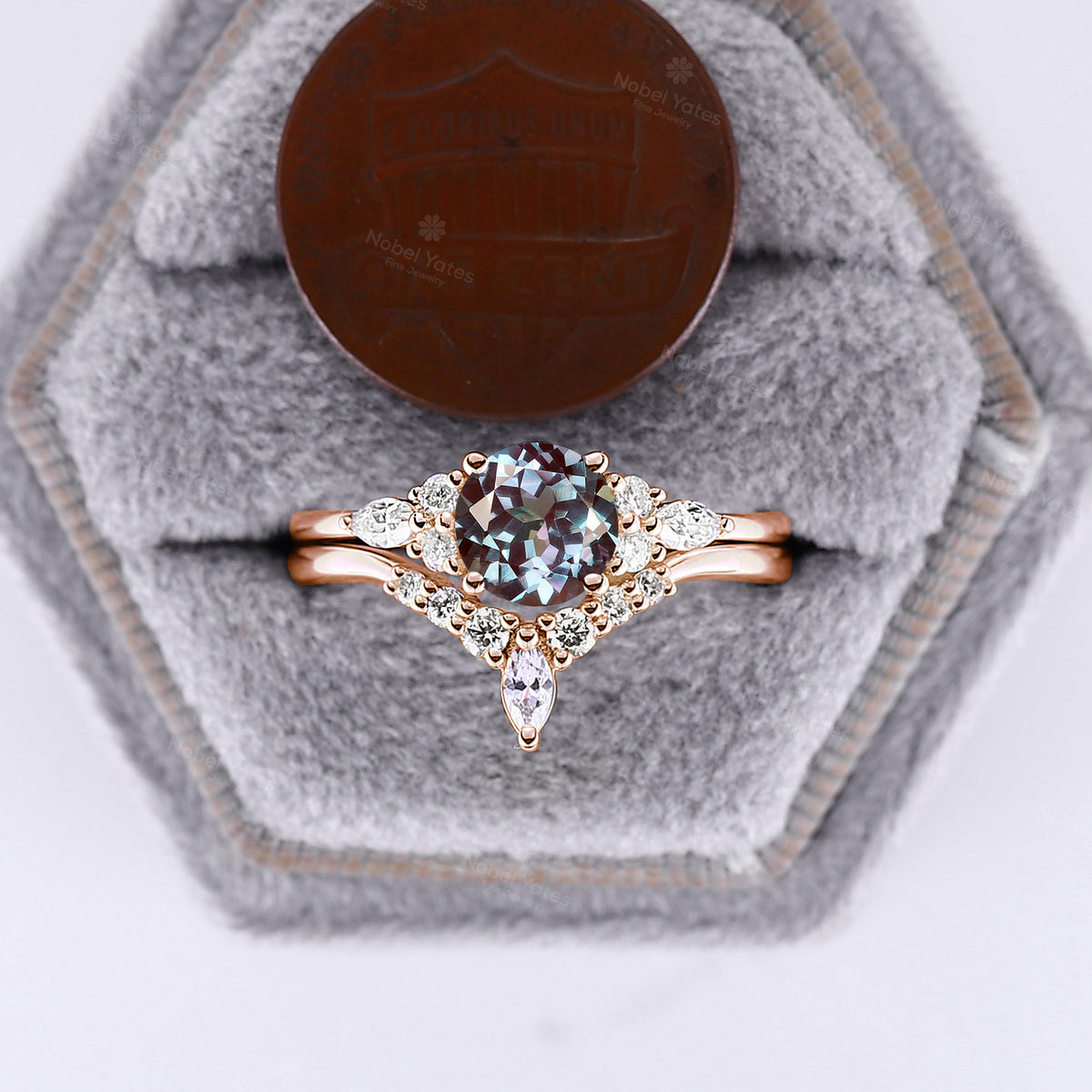 Round Lab Alexandrite Engagement Ring Set Rose Gold Cluster Side Stone Ring