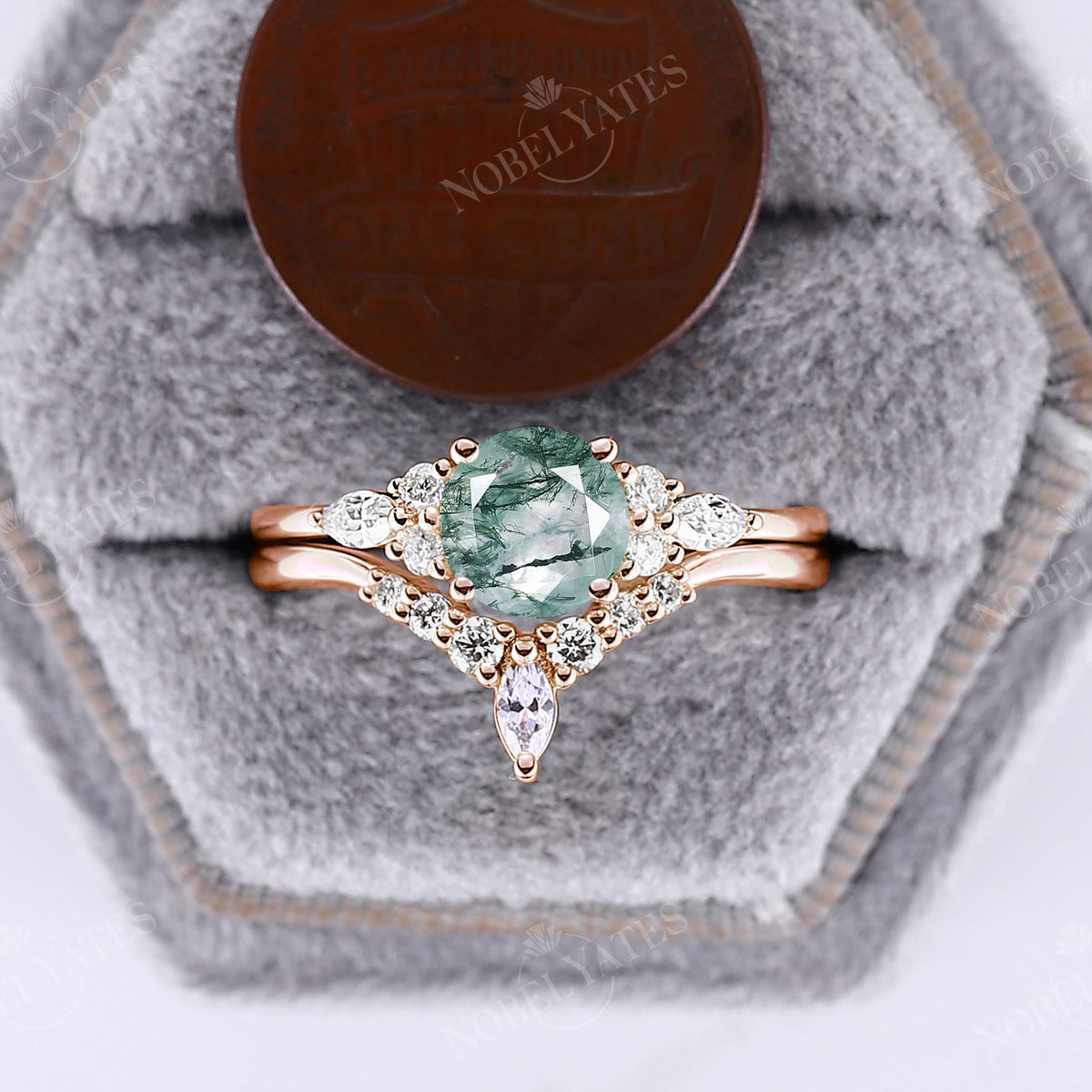 Round Moss Agate Engagement Ring Set Rose Gold Cluster Moissanite Ring
