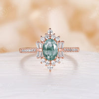 Moss Agate Art Deco Oval Cluster & Pave Engagement Ring Rose Gold
