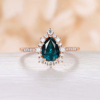 Vintage Pear shape Moss Agate Rose Gold Halo Engagement Ring