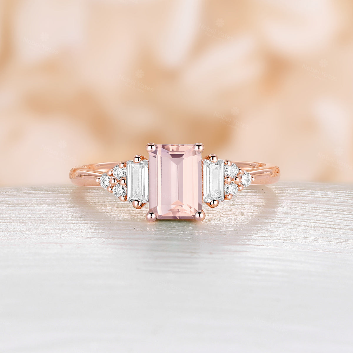 Emerald cut Pink Morganite Cluster Diamond Engagement Ring