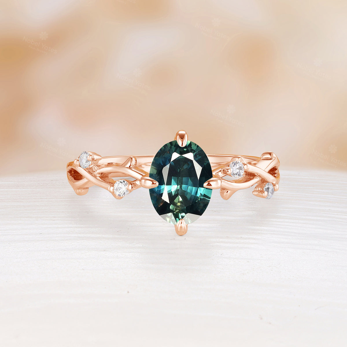 Nature Inspired Branch Oval Teal Sapphire Engagement Ring Yellow Gold Twist