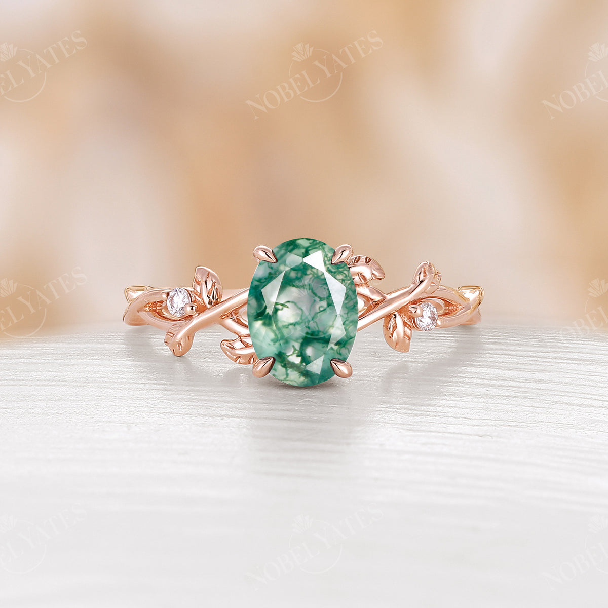 Moss Agate Oval cut Engagement Ring Leaf Design Rose Gold