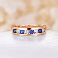 Sapphire & Moissanite Couple Rings Bezel Rose Gold Band
