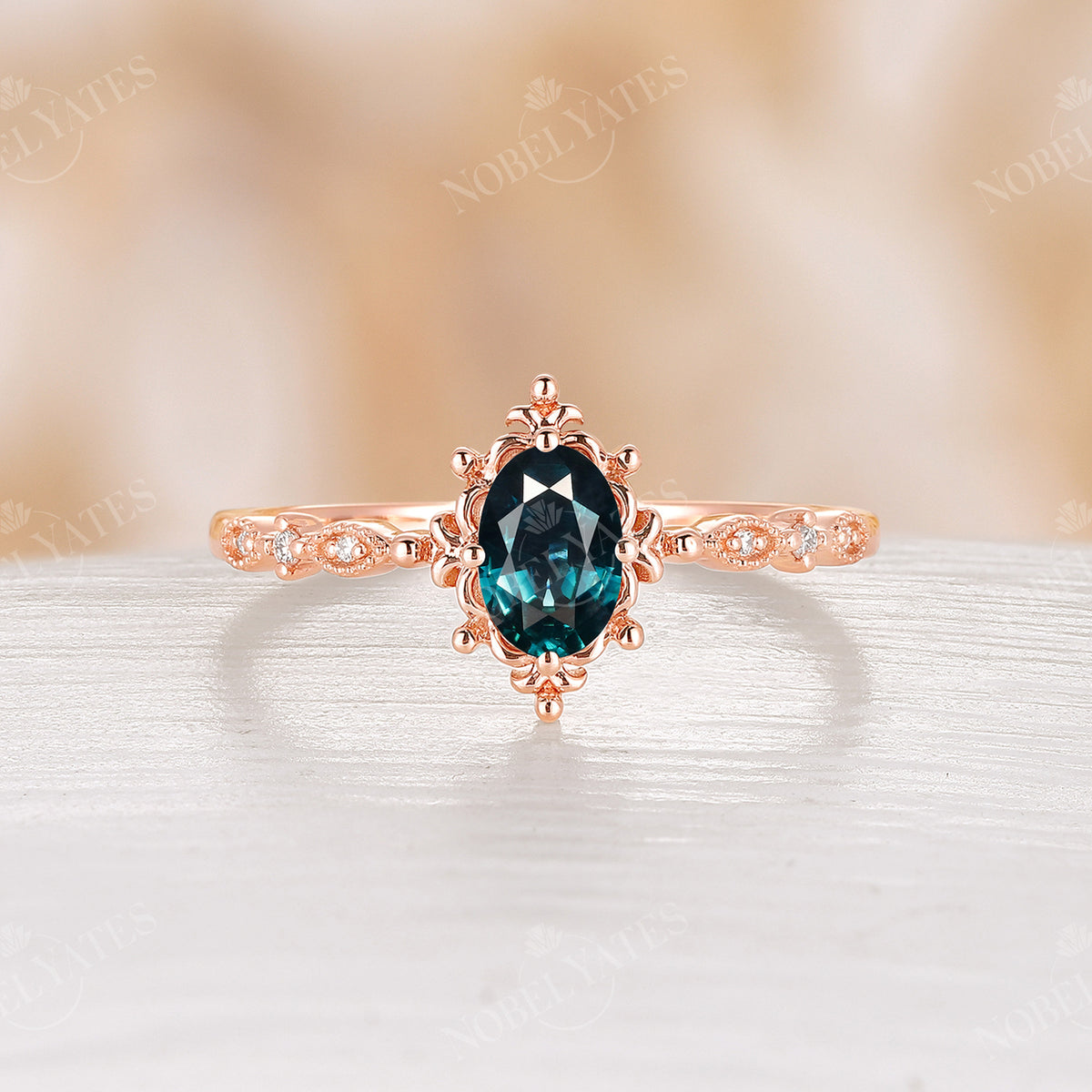 Oval Moss Agate Rose Gold Vintage Filigree Engagement Ring