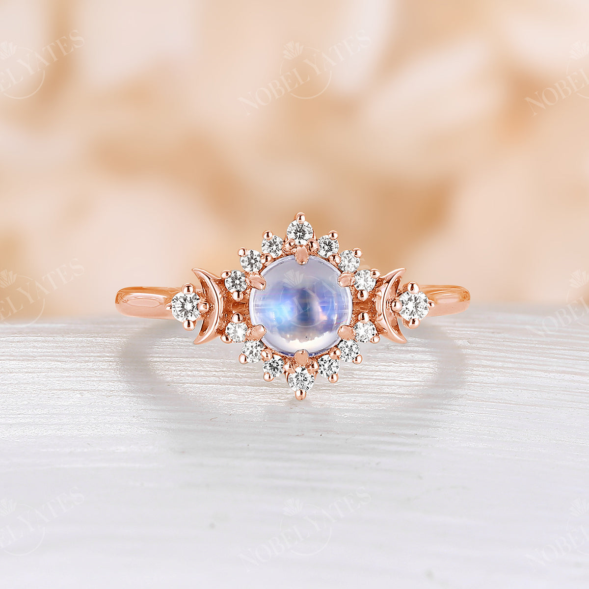 Celestial Moon White Opal Rose Gold Halo Engagement Ring