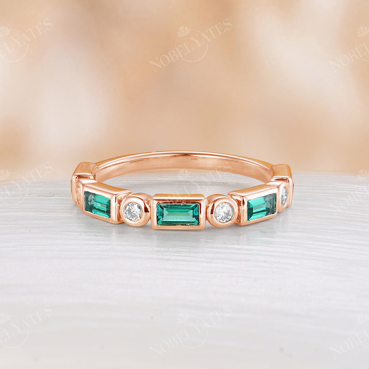 Bezel Set Lab Emerald Moissanite Straight Wedding Band Yellow Gold