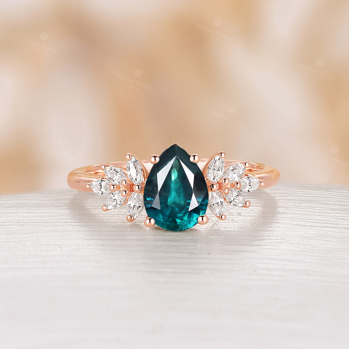 Teal Sapphire & Moissanite Rose Gold Marquise Cluster Engagement Ring