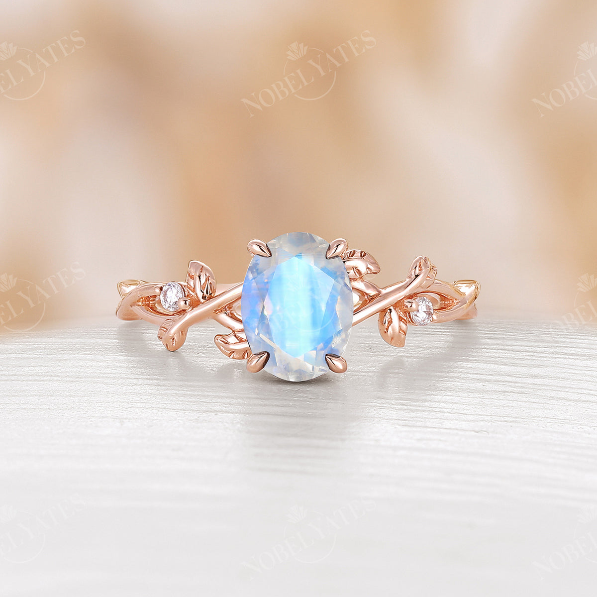 Blue Moonstone Oval Shape Engagement Ring Leaf Design Band