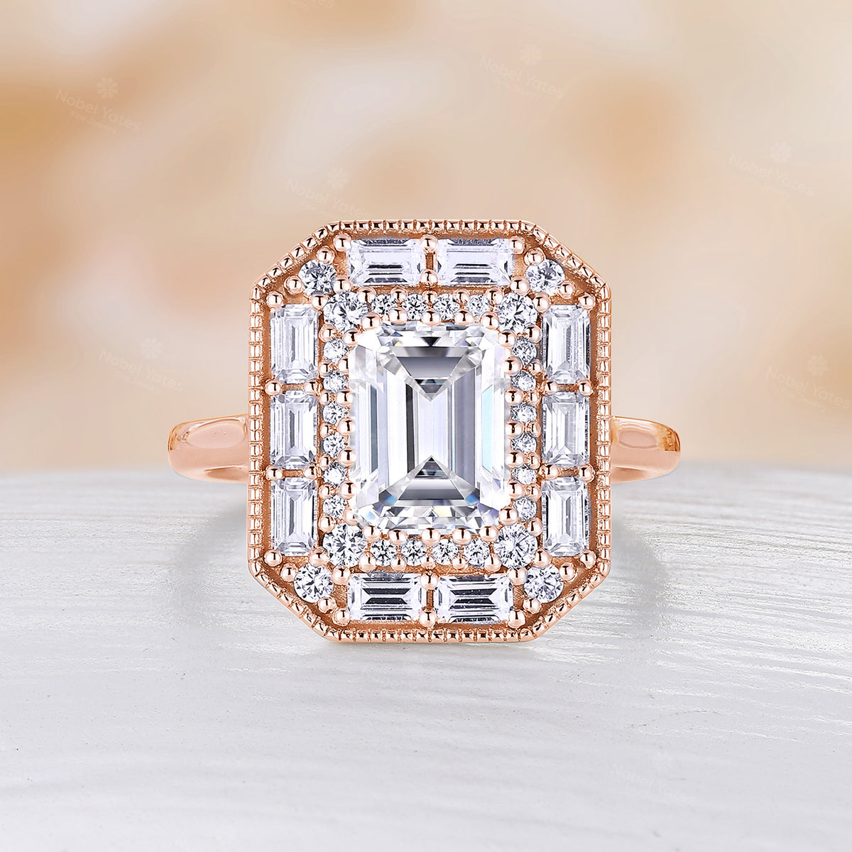 Art Deco Emerald Cut Engagement Baguette Halo Ring