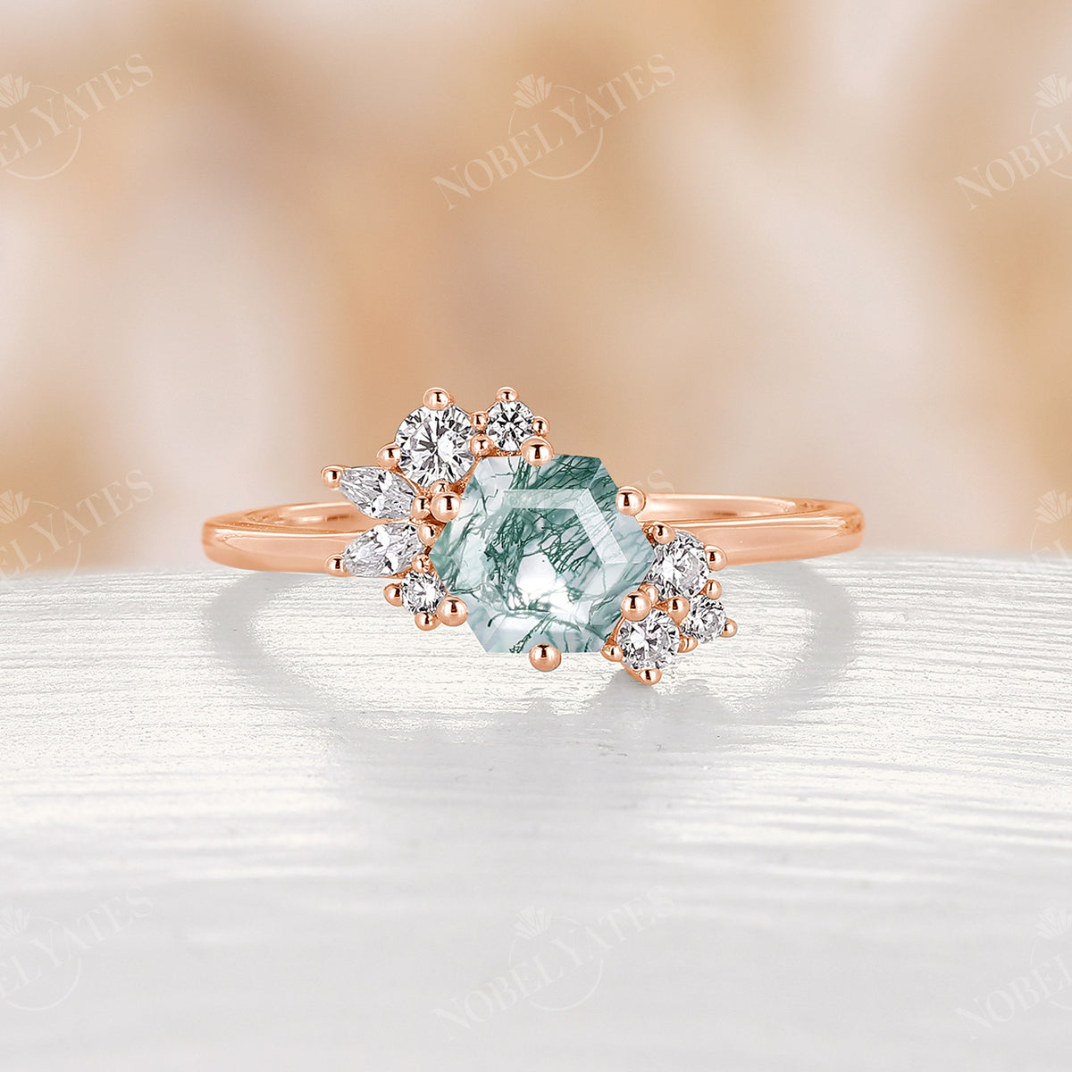 Unique Hexagon Moss Agate Cluster Engagement Ring Rose Gold