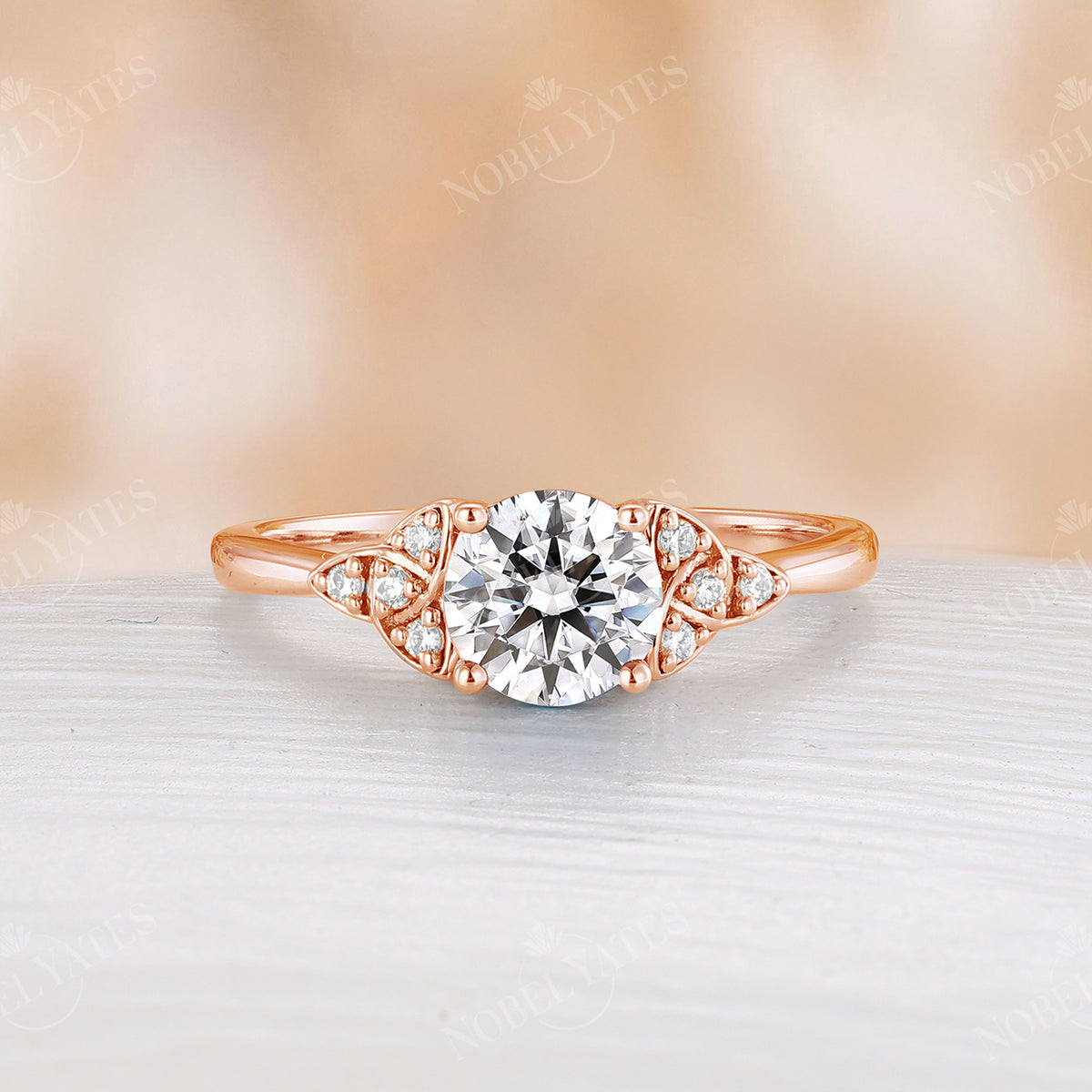 Round Moissanite Celtic Rose Gold Engagement Ring Cluster Diamond Ring