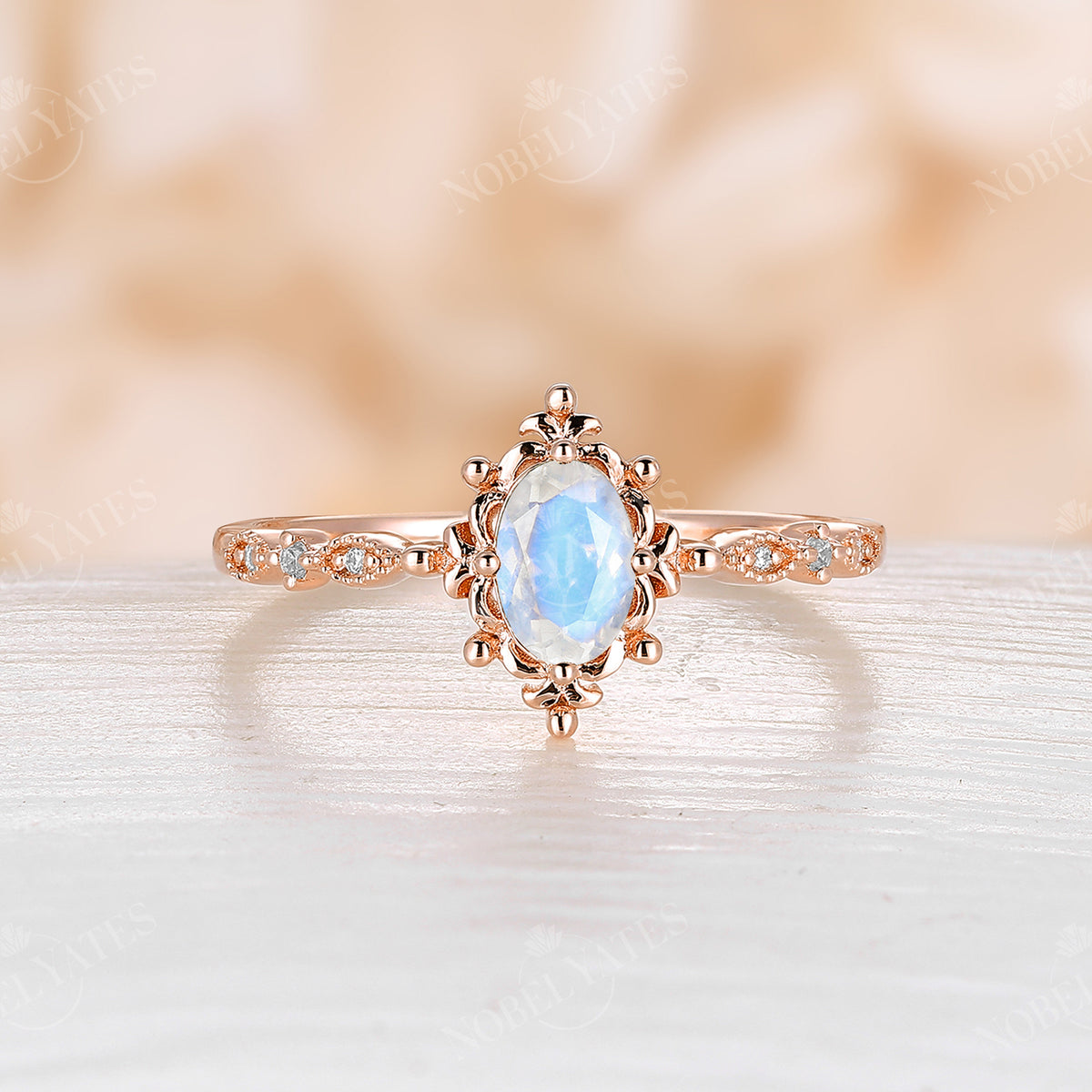 Oval Moss Agate Rose Gold Vintage Filigree Engagement Ring