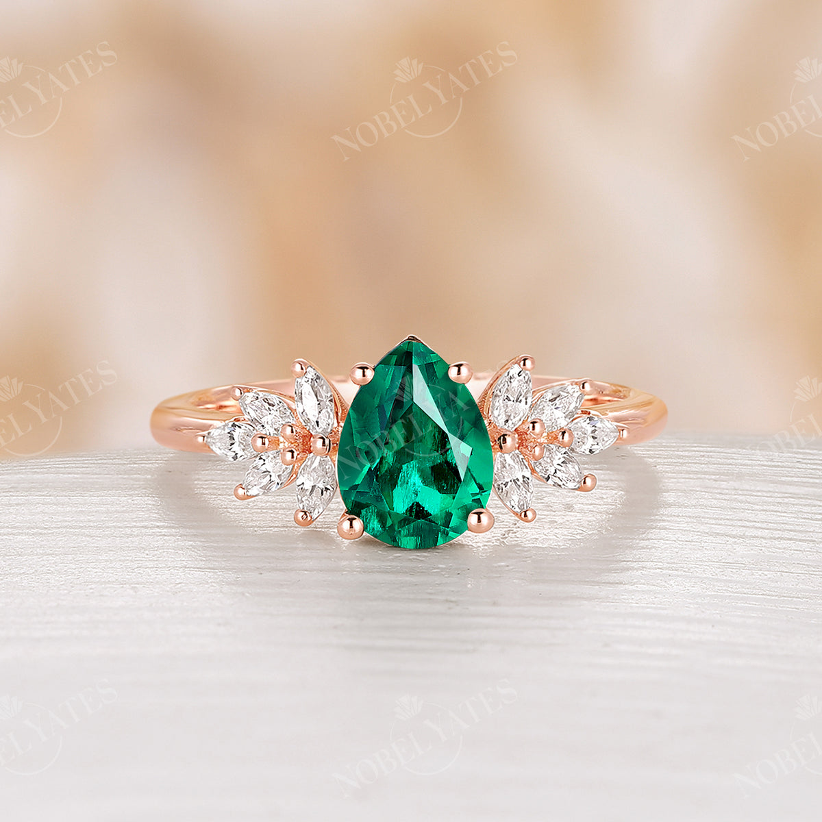 Vintage Pear Lab Emerald Cluster Engagement Ring Rose Gold