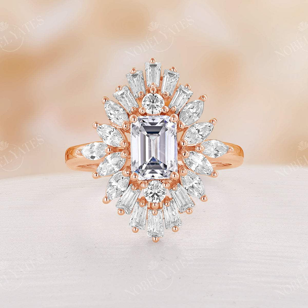 Emerald Cut Moissanite Art Deco Engagement Ring Unique Halo Rose Gold