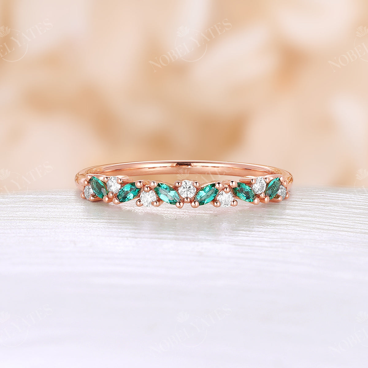 Antique Marquise Cut Lab Emerald Cluster Wedding Band Rose Gold