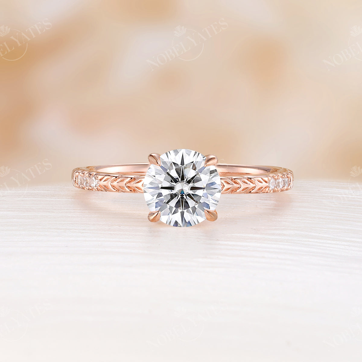 Lab Padparadscha Round Engagement Ring Rose Gold Unique Leaf Design Band