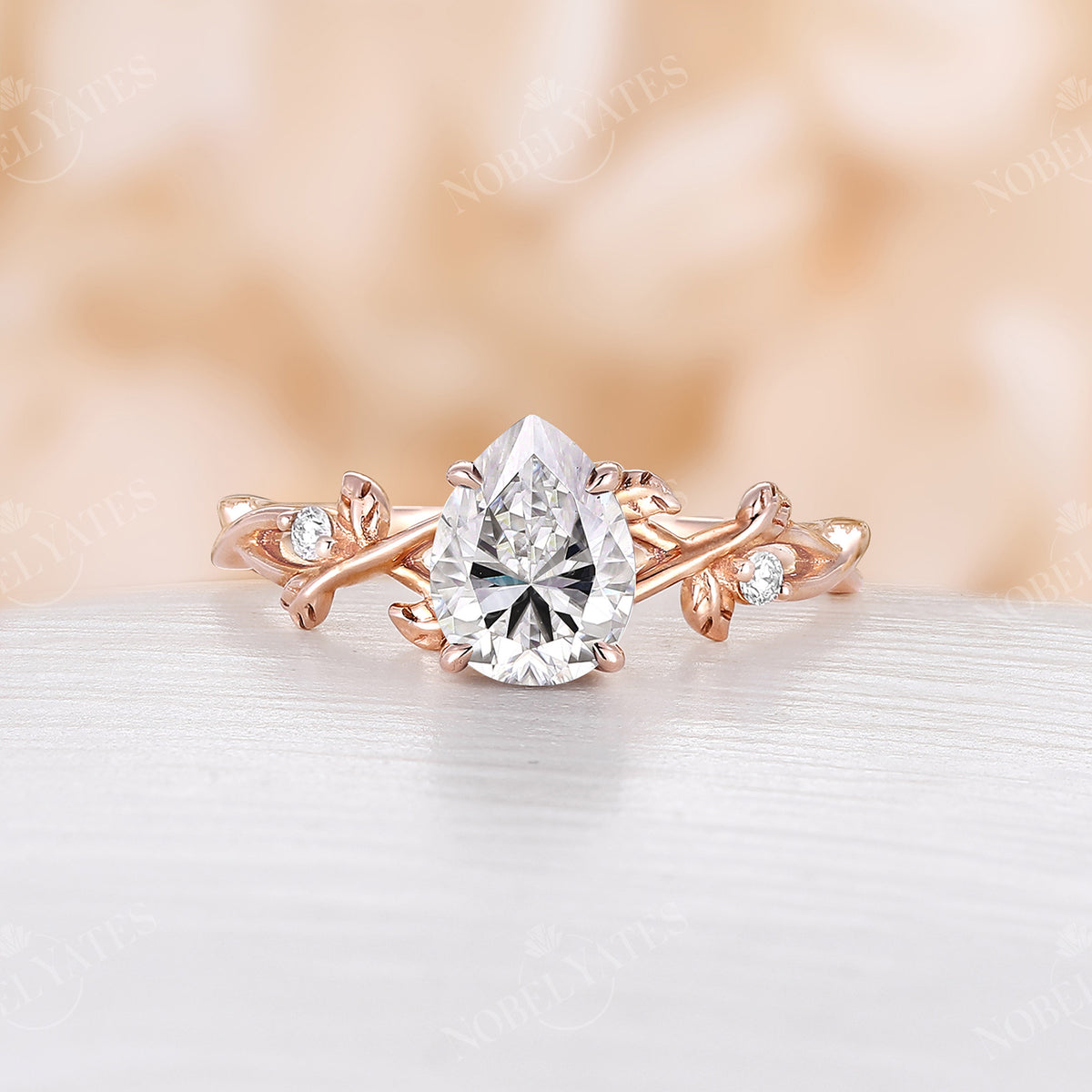 Pear Moissanite Leaf Style Engagement Ring Rose Gold