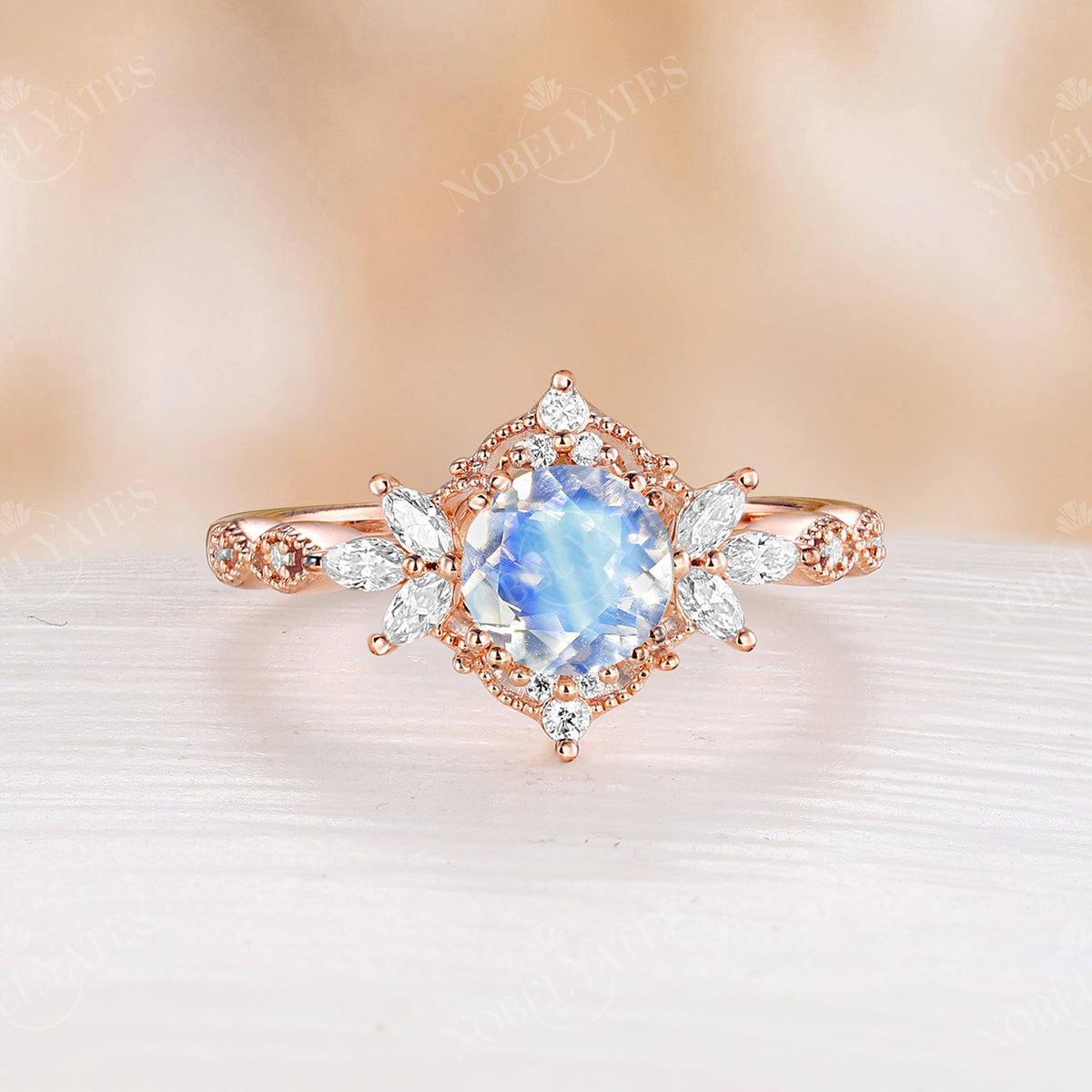 Blue Moonstone Vintage Milgrain Rose Gold Engagement Ring