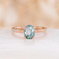 Oval Shape Moss Agate Engagement Ring Yellow Gold Nature Leaf Band