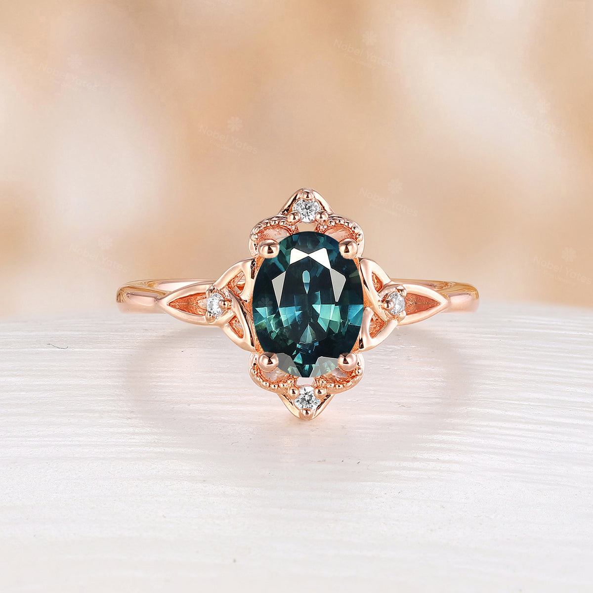 Oval Shape Teal Sapphire Engagement Ring Celtic Knot Rose Gold Band