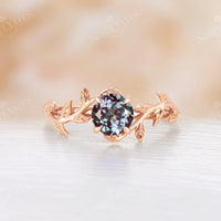 Round Alexandrite Leaf Design Solitaire Engagement Ring Rose Gold