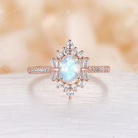 Oval Cut Moonstone Art Deco Rose Gold Cluster Engagement Ring