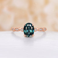 Oval Lab Alexandrite Engagement Ring Rose Gold Milgrain Ring